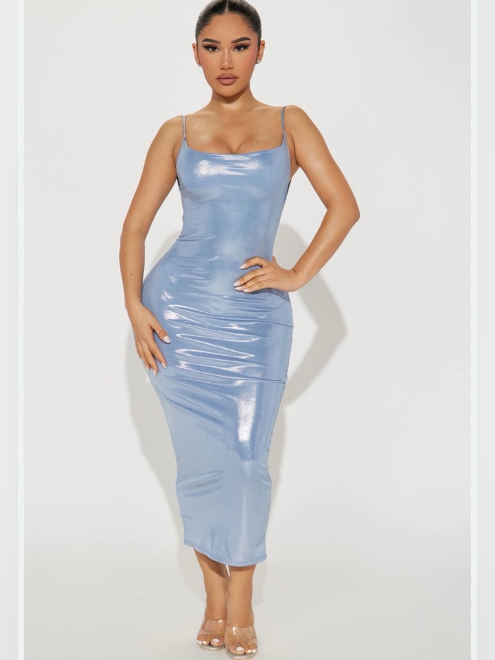Fashion Nova Mikah Metallic Midi Dress Light Blue / Size M Backless Bodycon